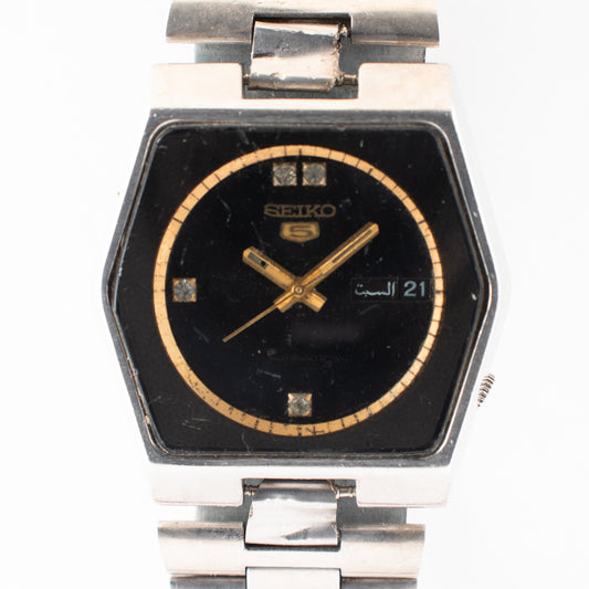 Vintage Seiko 5 Automatic 6309-6070 Black Dial Stone Indices Watch Bilingual Day