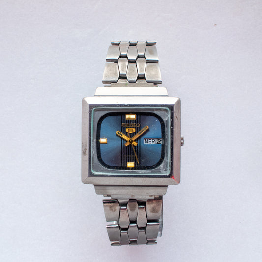 Vintage Seiko 5 Automatic TV Case 6349-5020 Blue Striped Dial 23J Men's Watch