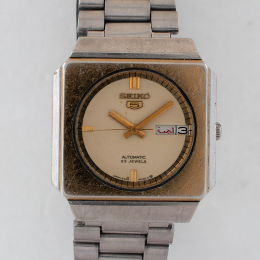 Vintage Seiko 5 Automatic TV Case 6349-6050 Cream Dial Watch 1984 Bilingual Days