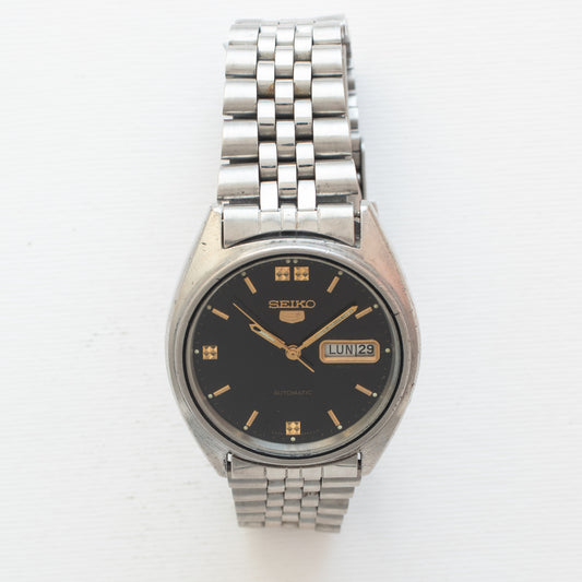Vintage Seiko 5 Automatic Watch 6309-8840 Black Dial Gold Faceted Indices 17J