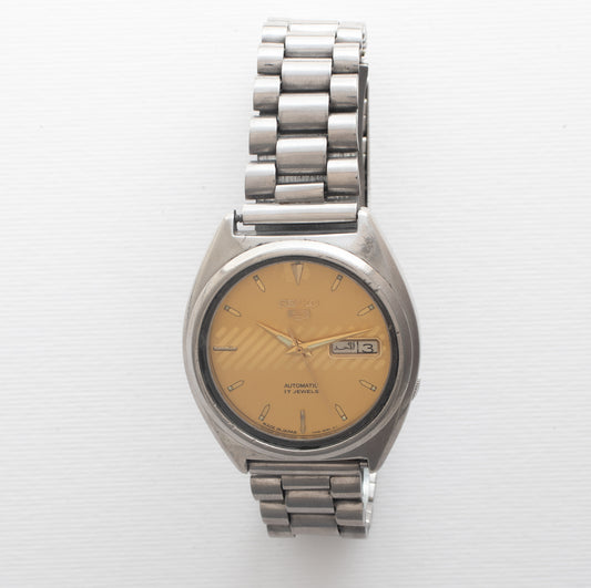 Vintage Seiko 5 Automatic Watch 7009-8331 Yellow/Gold Textured Diagonal Lines Dial
