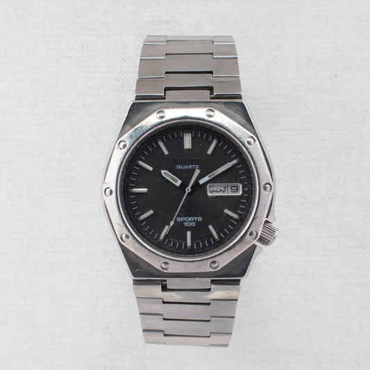 Vintage Seiko Sports 100 Quartz Watch 7546-703A Black Dial Arabic English Days