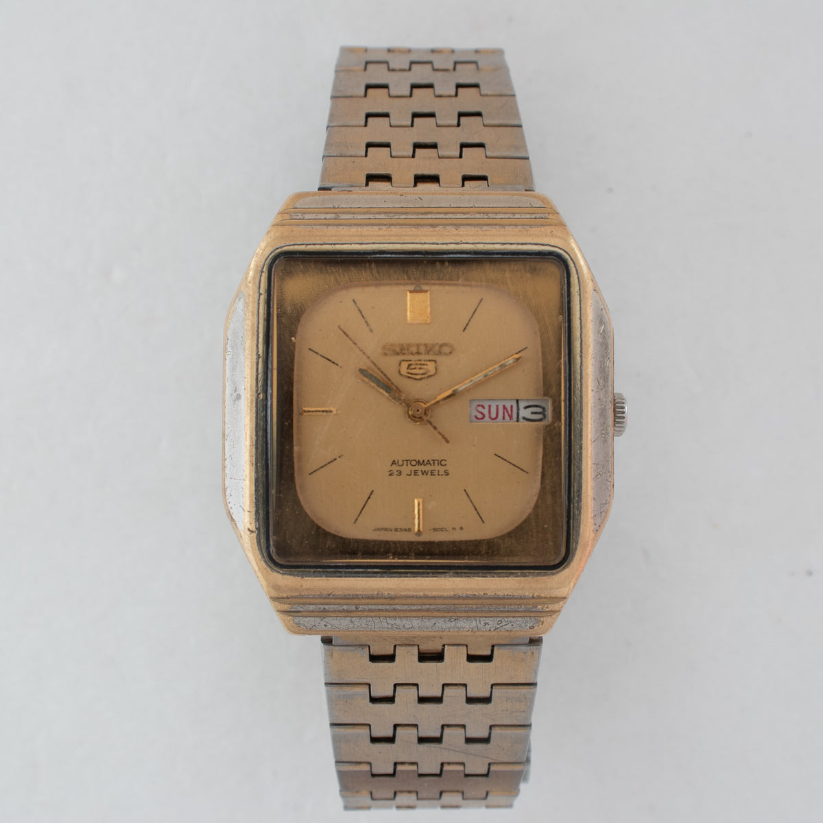 Vintage Seiko 5 6349-5000 Automatic 23J Gold Dial Day Date Wristwatch