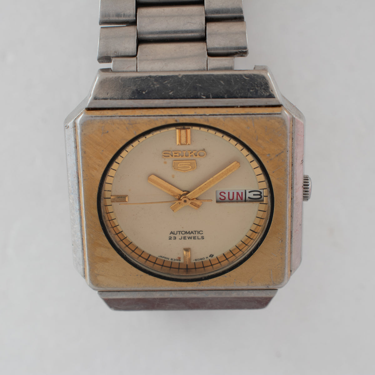 Vintage Seiko 5 6349-6050 Automatic 23J Cream Dial Day Date Wristwatch