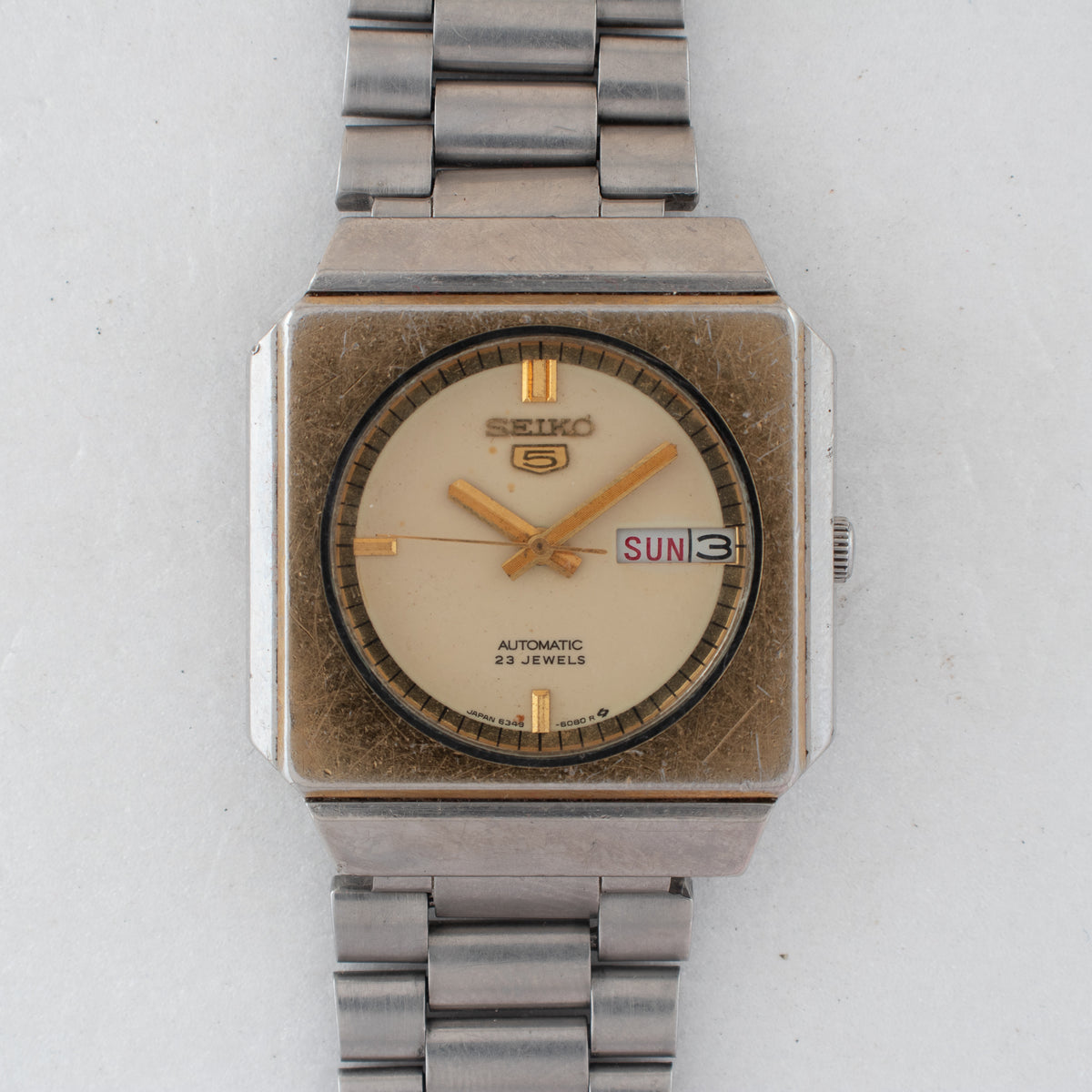 Vintage Seiko 5 6349-6050 Automatic 23J Cream Dial Day Date Wristwatch