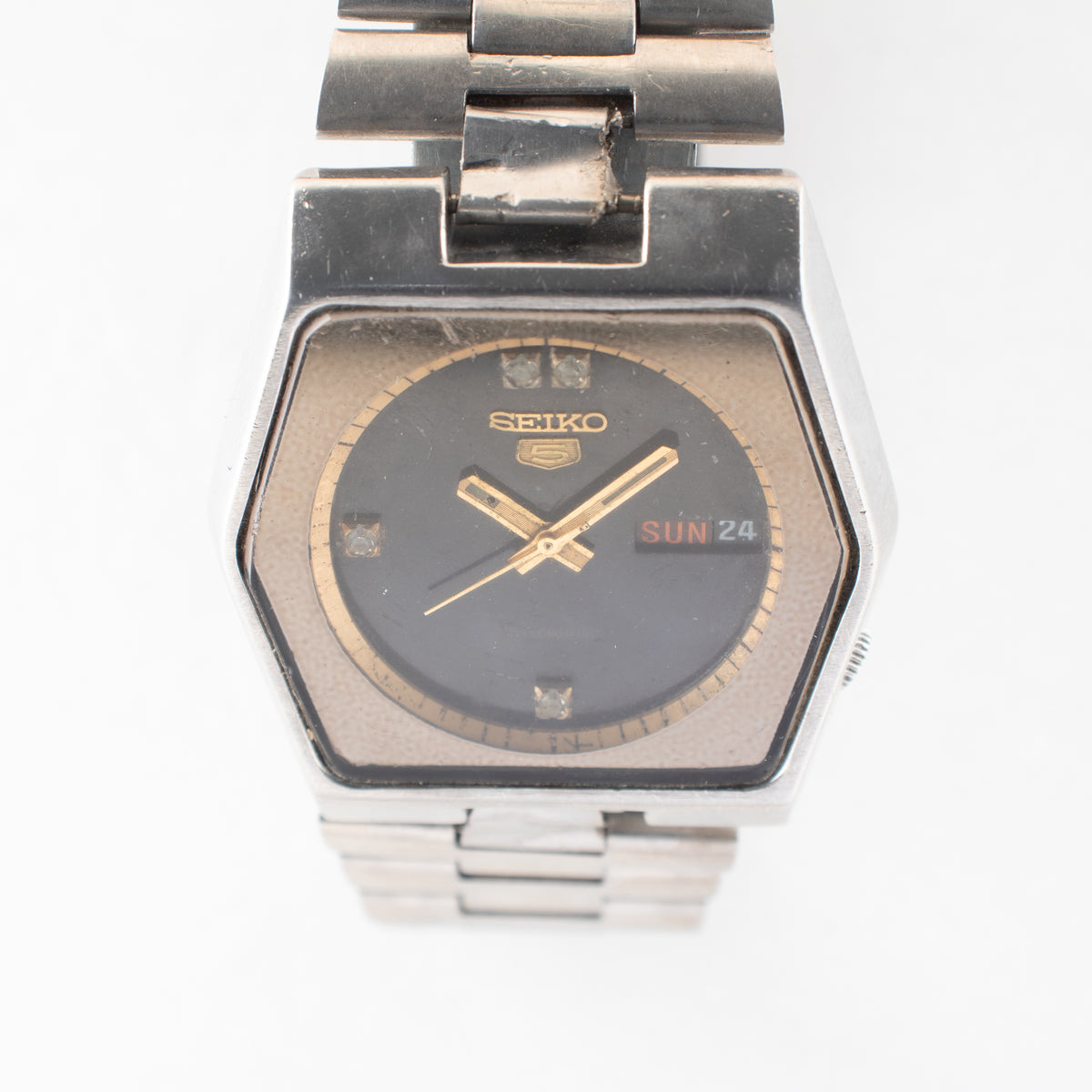 Vintage Seiko 5 6309-6070 Automatic 17J Black Dial Day Date Wristwatch