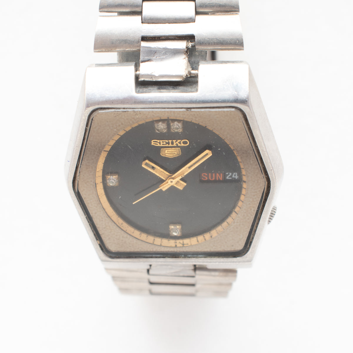 Vintage Seiko 5 6309-6070 Automatic 17J Black Dial Day Date Wristwatch