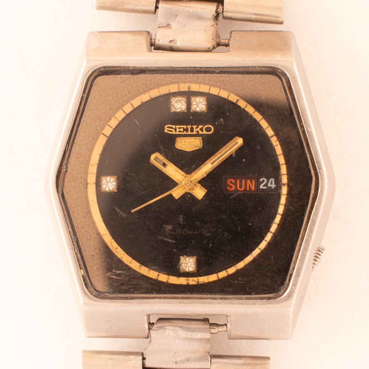 Vintage Seiko 5 6309-6070 Automatic 17J Black Dial Day Date Wristwatch