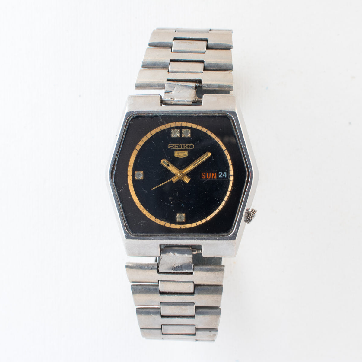 Vintage Seiko 5 6309-6070 Automatic 17J Black Dial Day Date Wristwatch