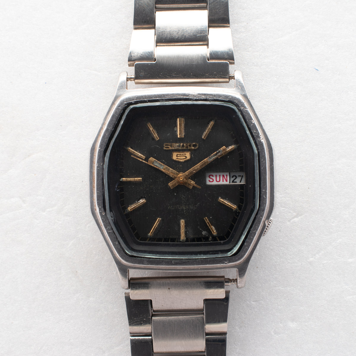 Vintage Seiko 5 6309-584A Automatic 17J Black Dial Day Date Wristwatch