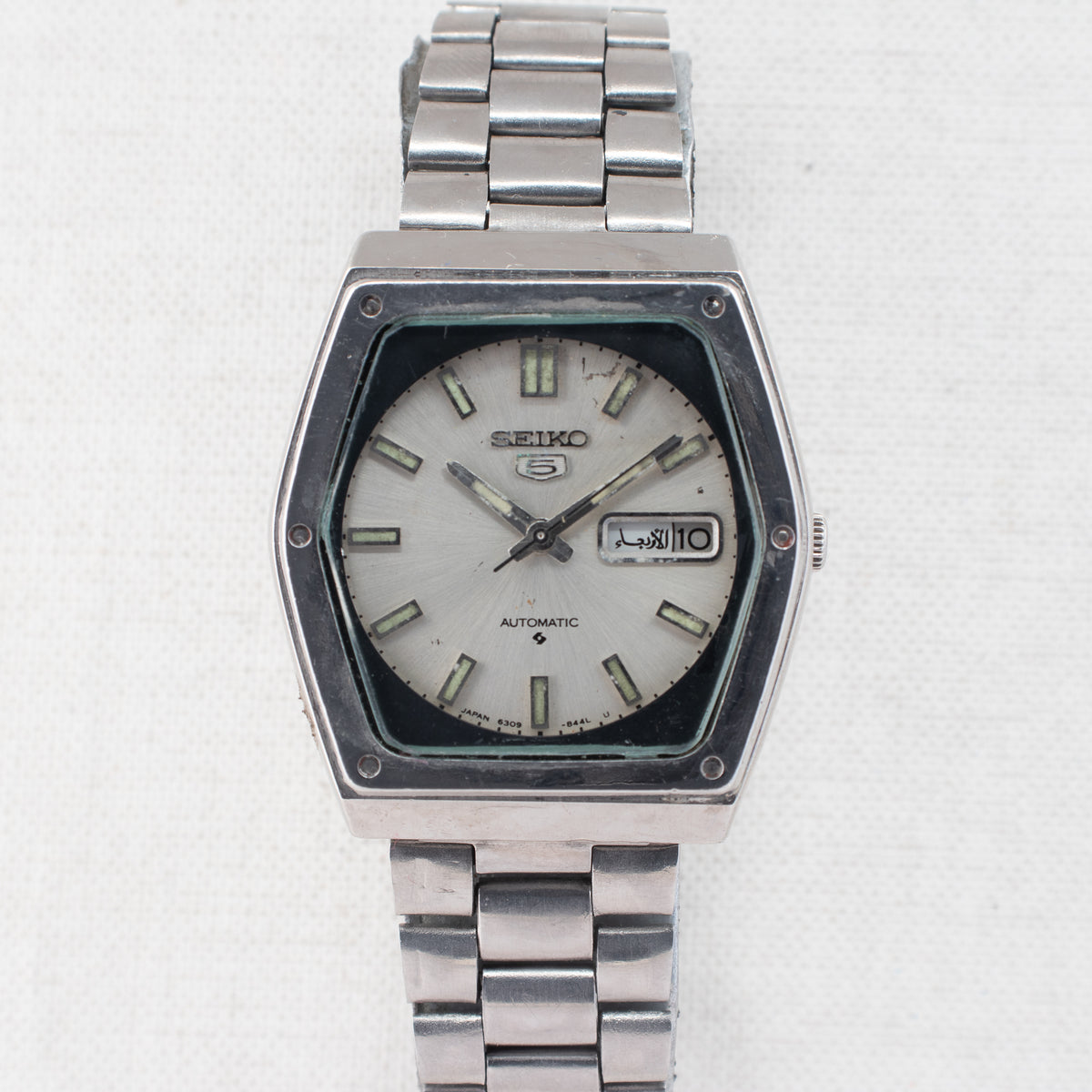 Vintage Seiko 5 6309-615A Automatic 17J Silver Dial Day Date Wristwatch
