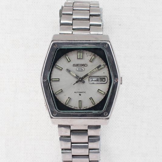 Vintage Seiko 5 6309-615A Automatic 17J Silver Dial Day Date Wristwatch