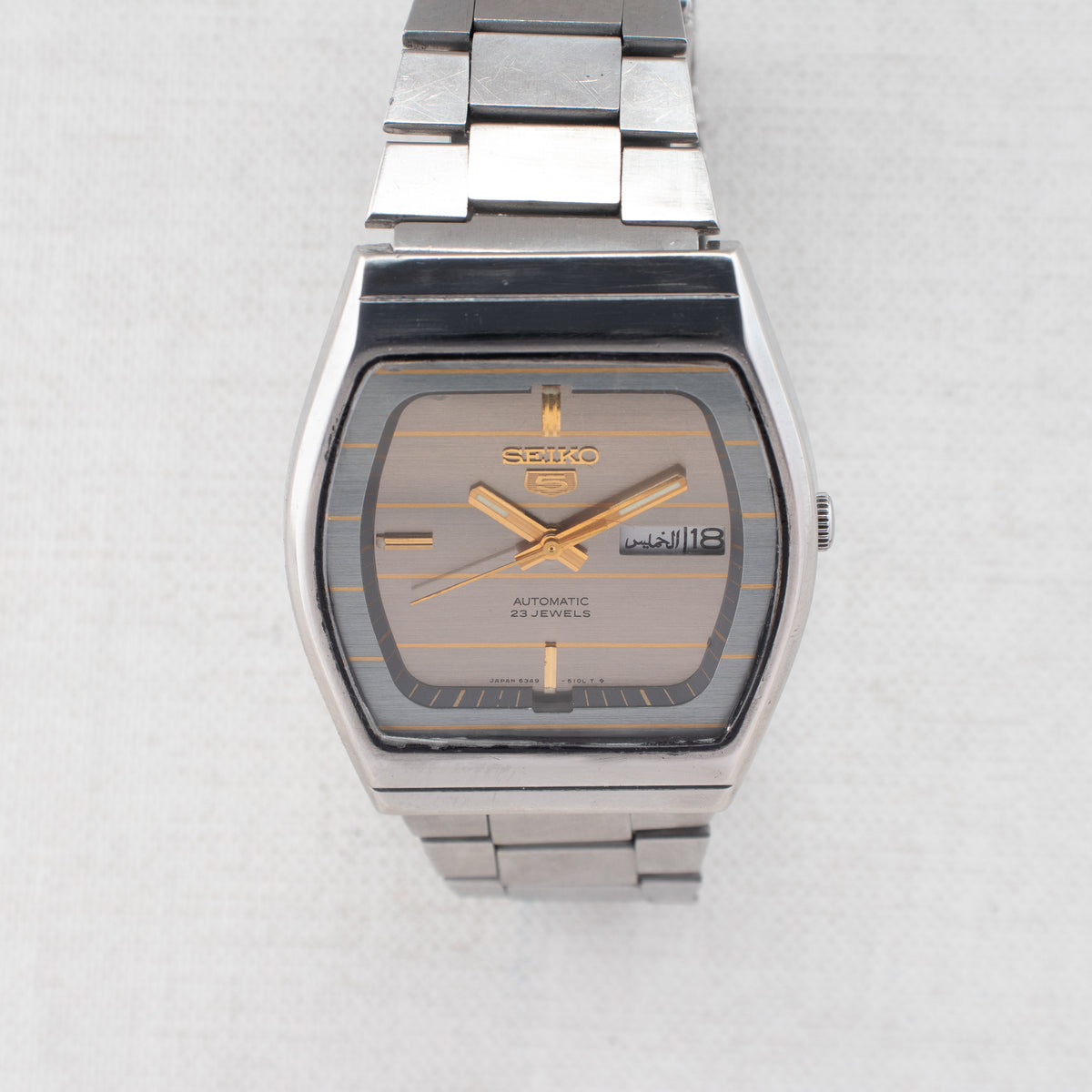 Vintage Seiko 5 6349-5080 Automatic 23J Silver Dial Day Date Wristwatch
