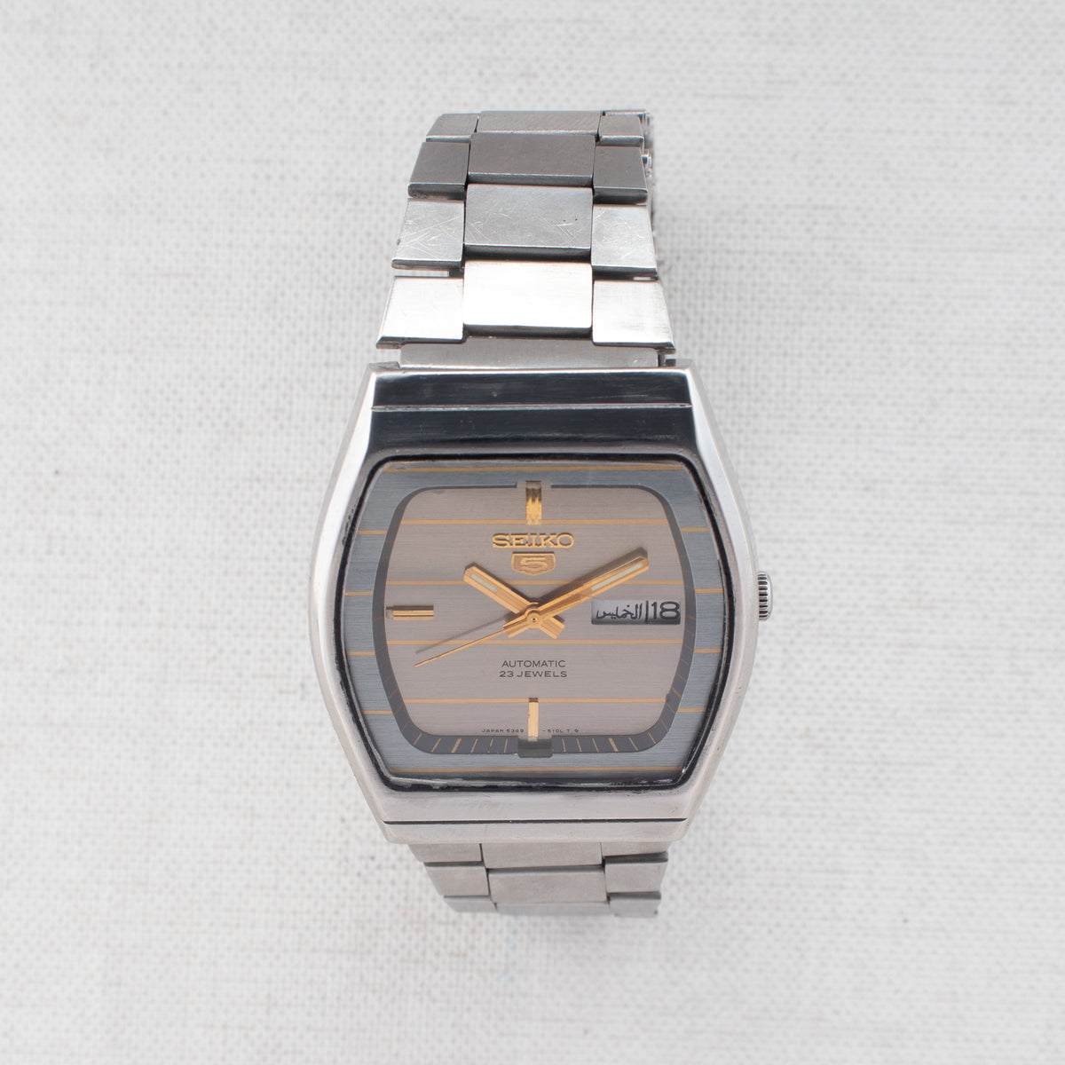 Vintage Seiko 5 6349-5080 Automatic 23J Silver Dial Day Date Wristwatch