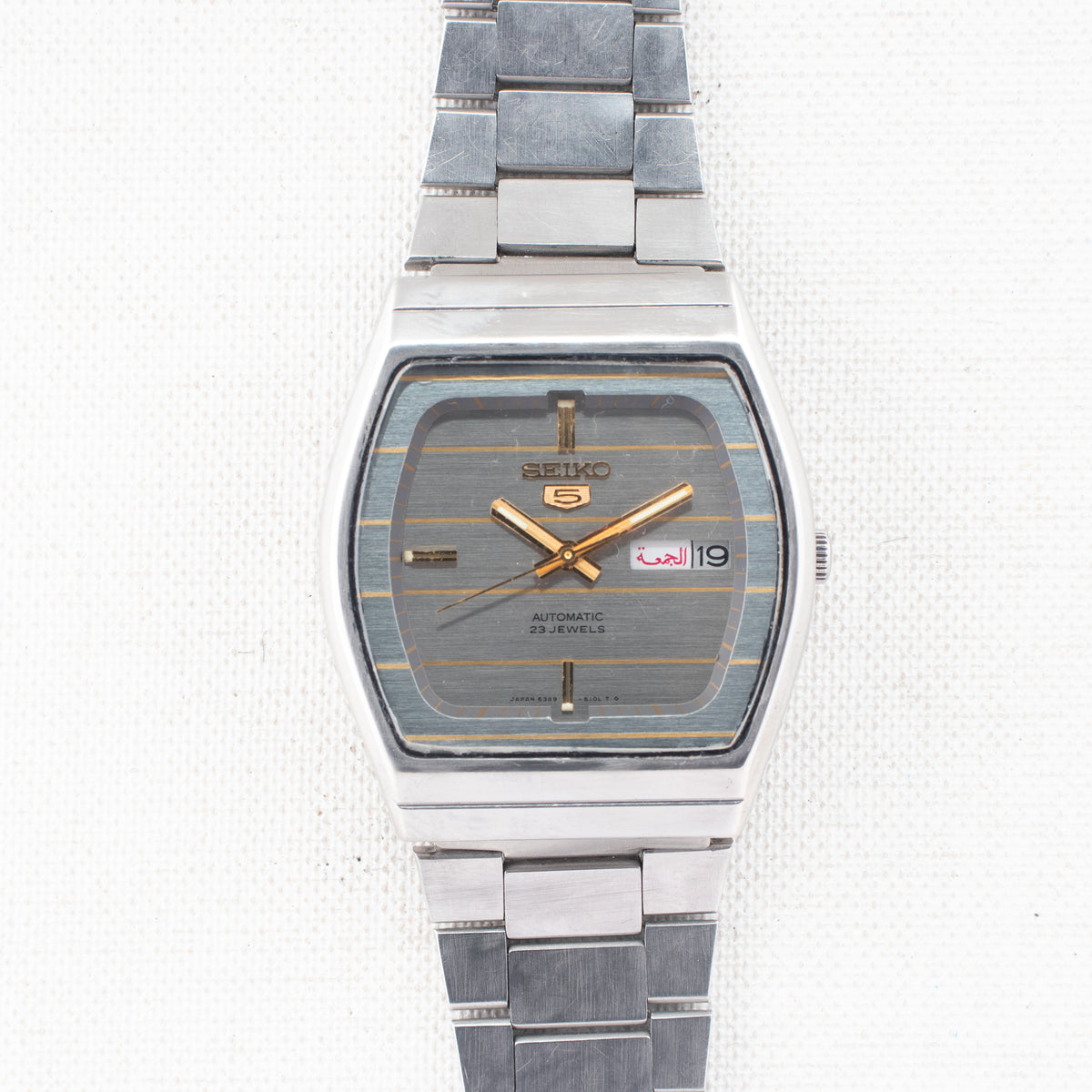 Vintage Seiko 5 6349-5080 Automatic 23J Silver Dial Day Date Wristwatch