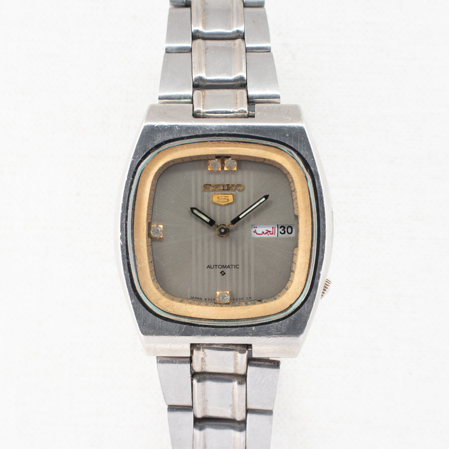 Vintage Seiko 5 6309-5180 Automatic 17J Silver Dial Day Date Wristwatch