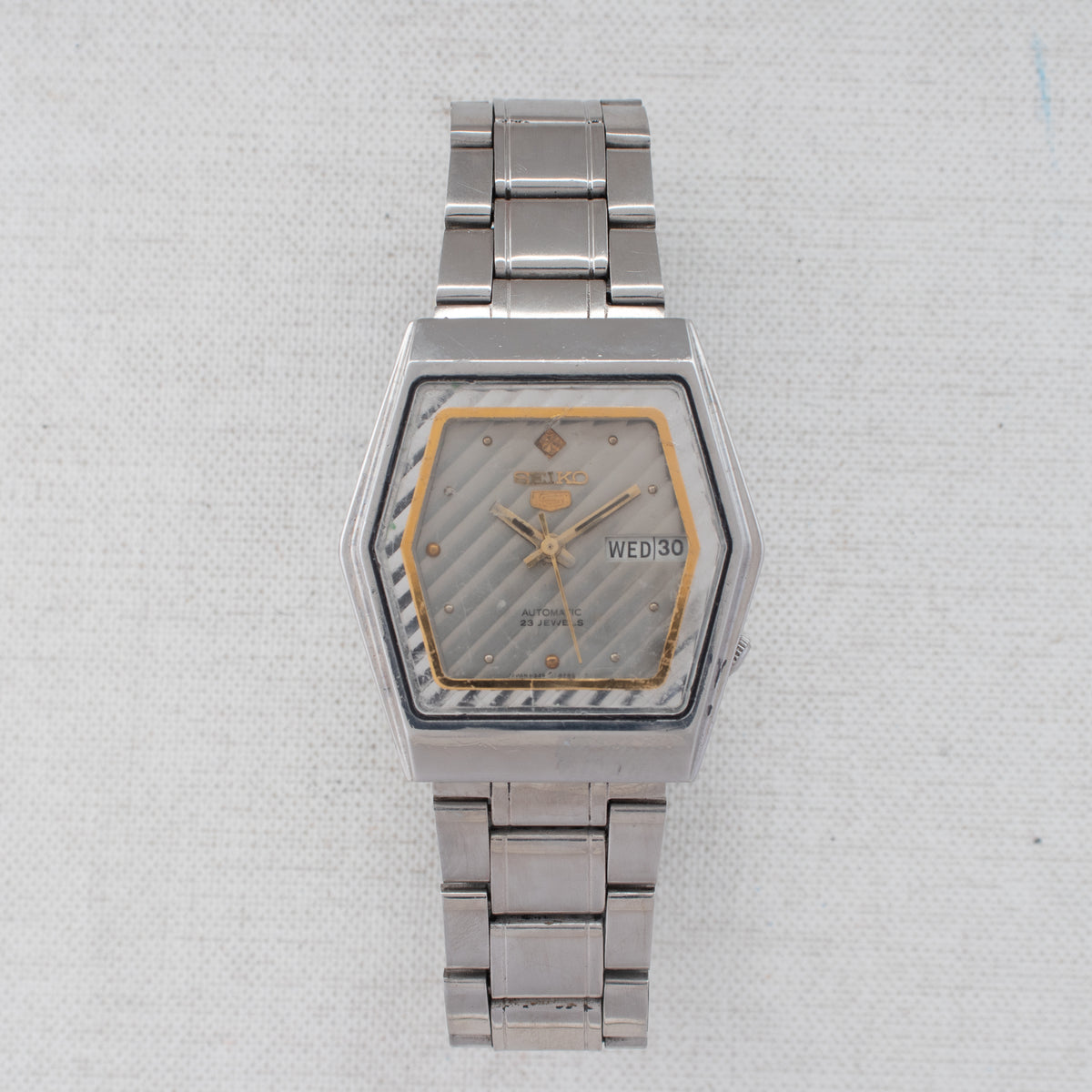 Vintage Seiko 5 6349-5420 Automatic 23J Silver Dial Day Date Wristwatch
