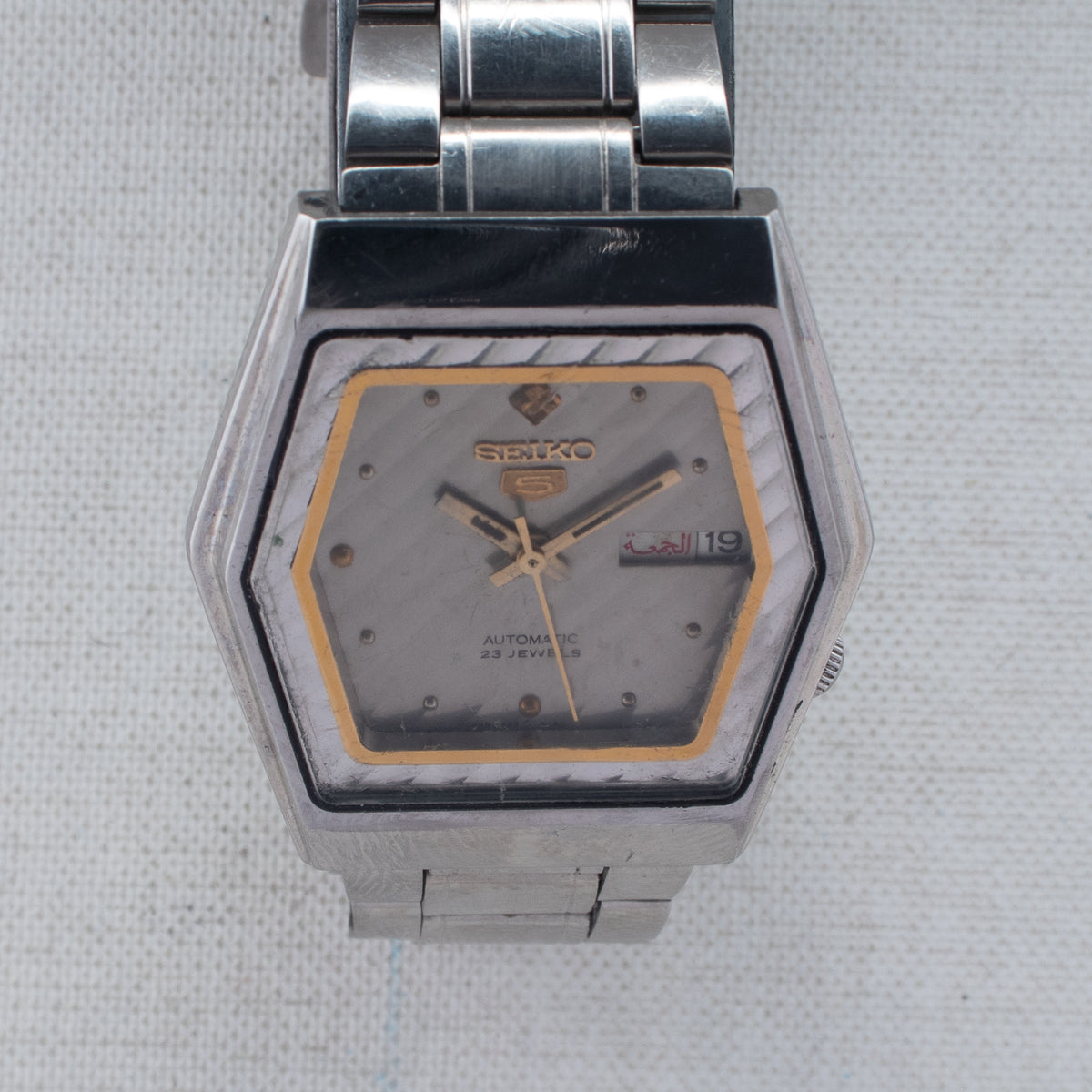 Vintage Seiko 5 6349-5420 Automatic 23J Silver Dial Day Date Wristwatch