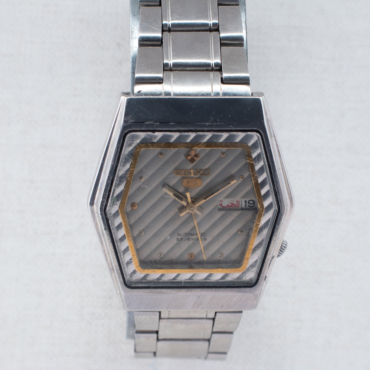 Vintage Seiko 5 6349-5420 Automatic 23J Silver Dial Day Date Wristwatch