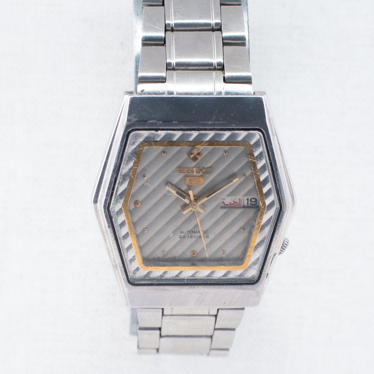 Vintage Seiko 5 6349-5420 Automatic 23J Silver Dial Day Date Wristwatch