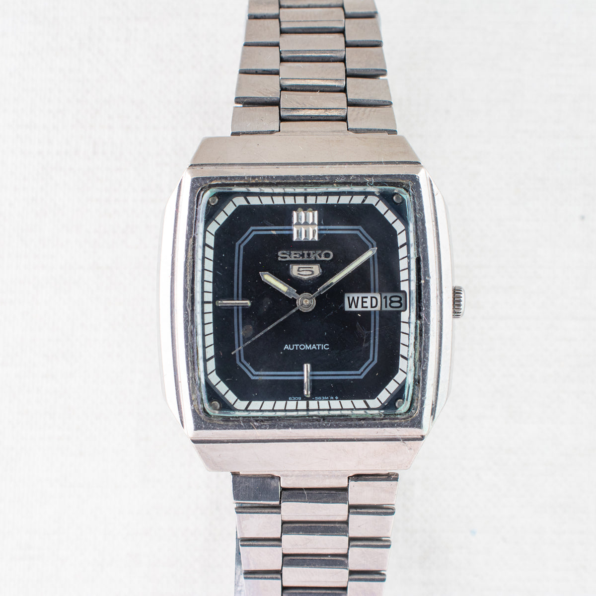 Vintage Seiko 5 6309-566A Automatic 17J Blue Dial Day Date Wristwatch