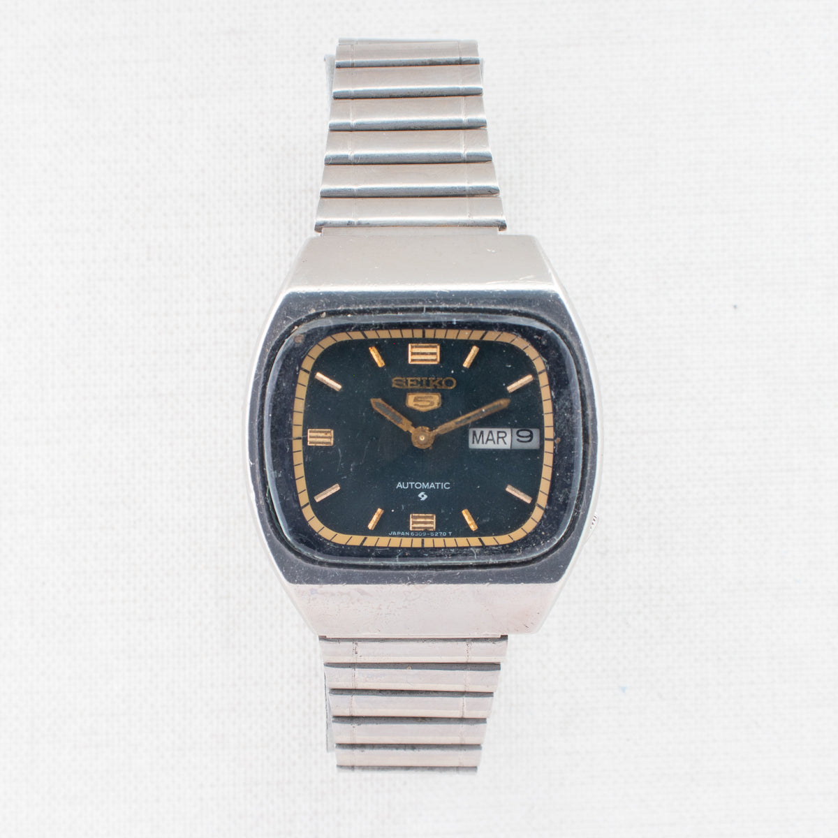 Vintage Seiko 5 6309-522A Automatic 17J Blue Dial Day Date Wristwatch