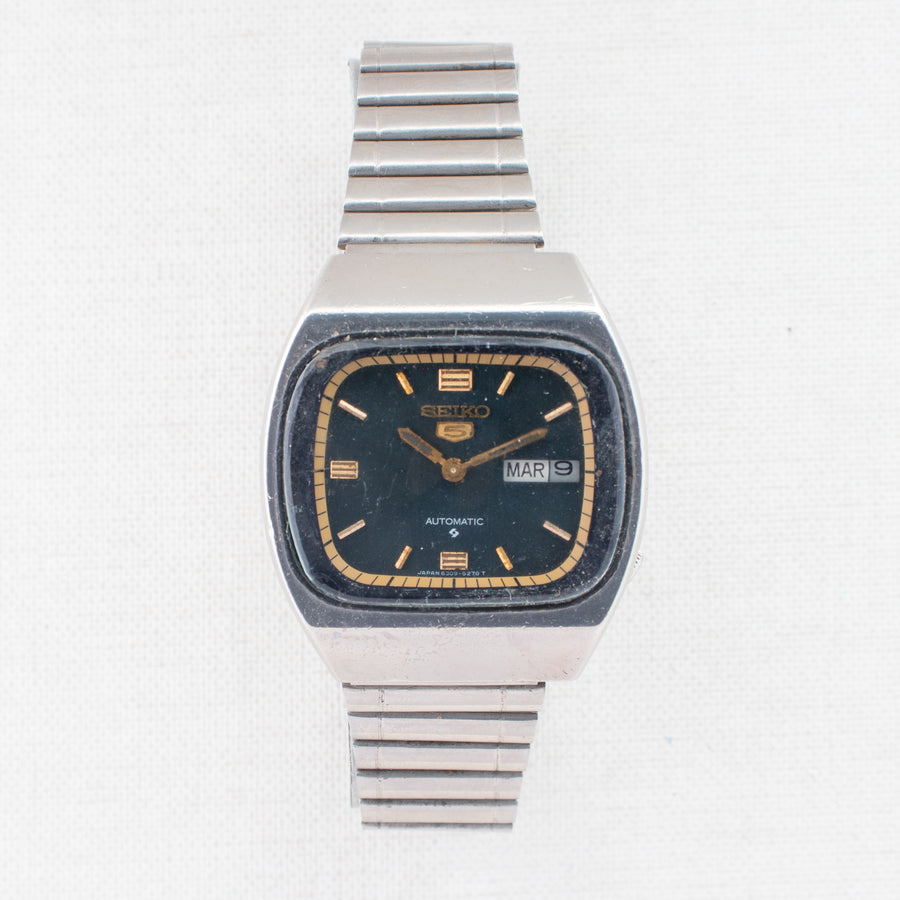 Vintage Seiko 5 6309-522A Automatic 17J Blue Dial Day Date Wristwatch