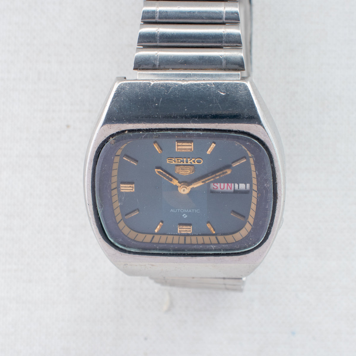 Vintage Seiko 5 6309-522A Automatic 17J Blue Dial Day Date Wristwatch