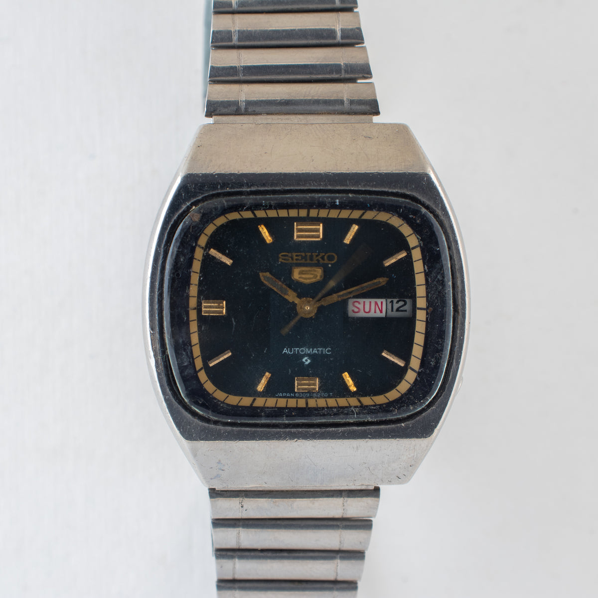 Vintage Seiko 5 6309-522A Automatic 17J Blue Dial Day Date Wristwatch