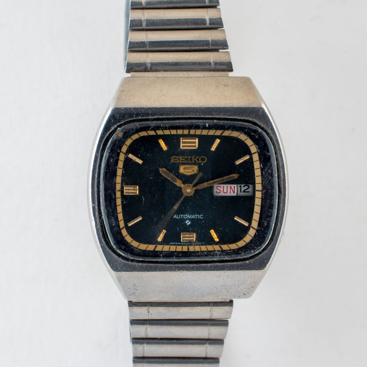 Vintage Seiko 5 6309-522A Automatic 17J Blue Dial Day Date Wristwatch
