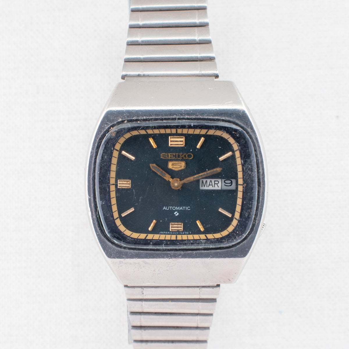 Vintage Seiko 5 6309-522A Automatic 17J Blue Dial Day Date Wristwatch