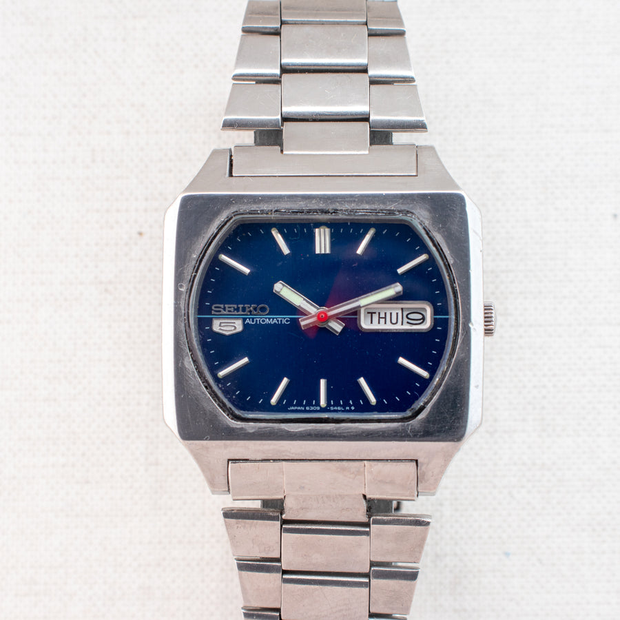 Vintage Seiko 5 6309-5510 Automatic 17J Blue Dial Day Date Wristwatch