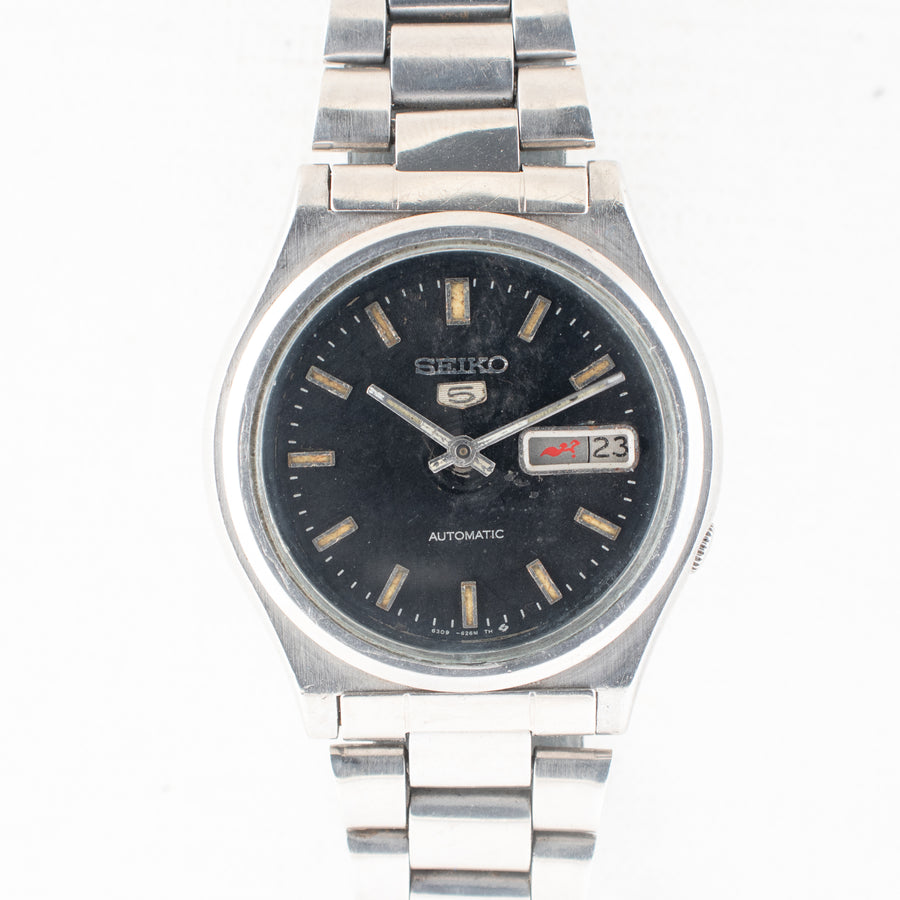 Vintage Seiko 5 6309-8230 Automatic 17J Black Dial Day Date Wristwatch