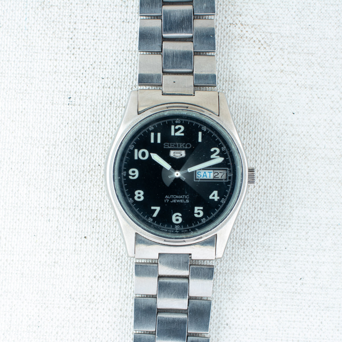 Vintage Seiko 5 4216-0020 Automatic 17J Black Dial Day Date Wristwatch