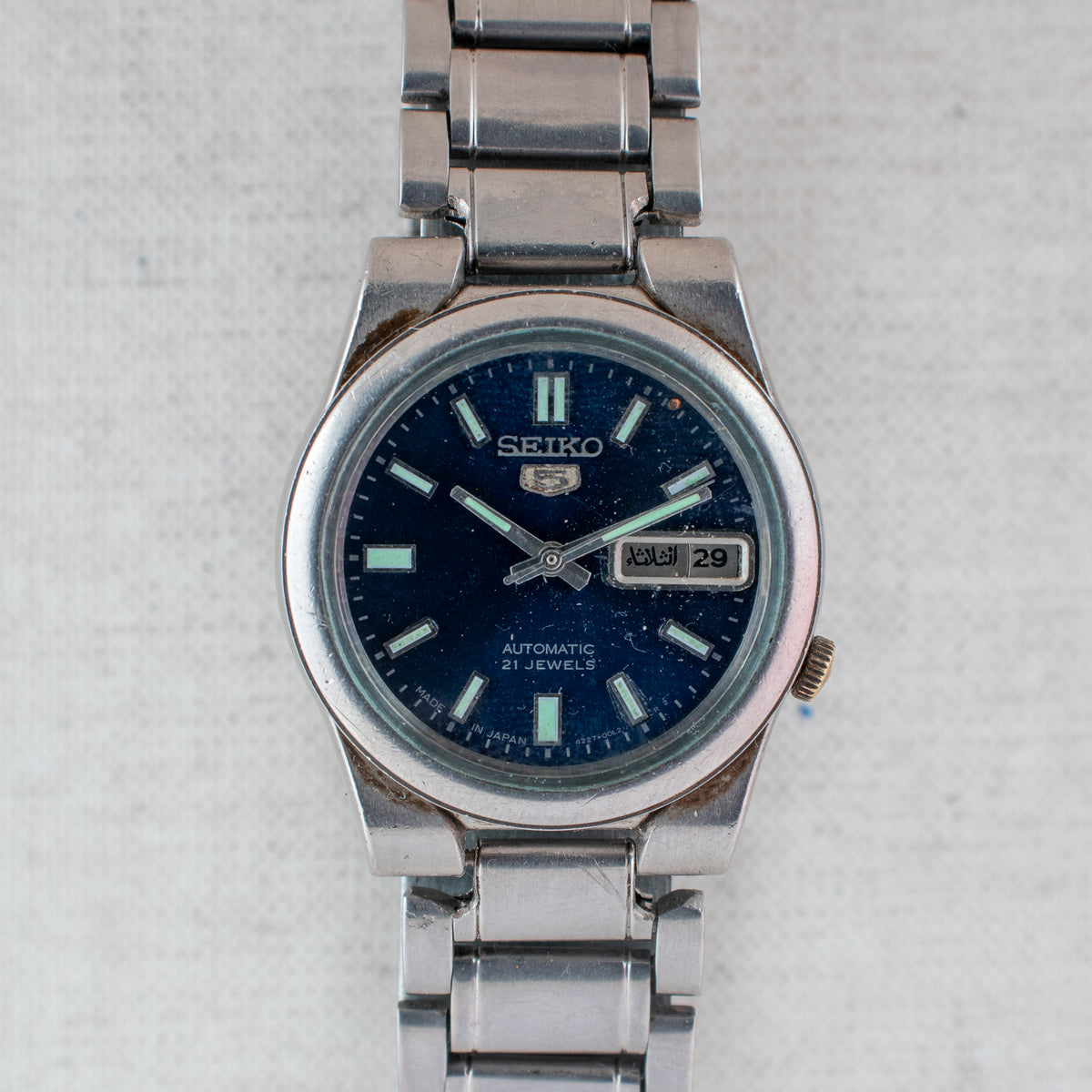 Vintage Seiko 5 4227-00C0 Automatic 21J Blue Dial Day Date Wristwatch