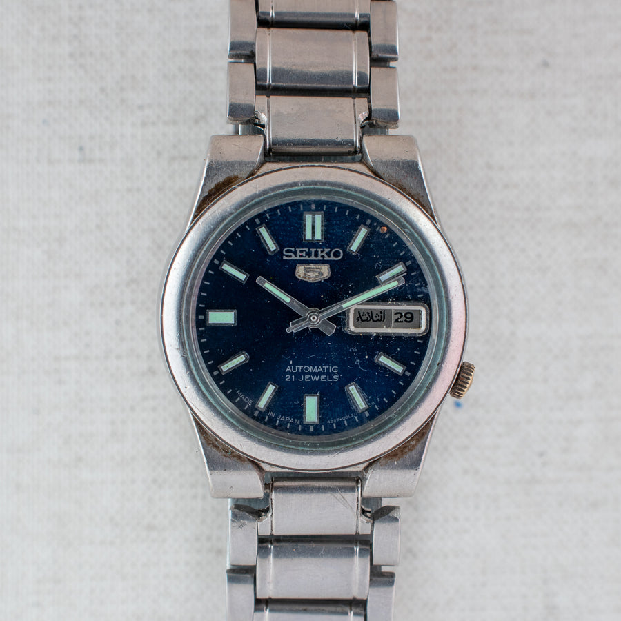 Vintage Seiko 5 4227-00C0 Automatic 21J Blue Dial Day Date Wristwatch