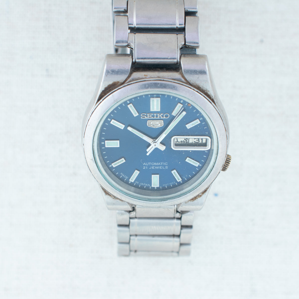 Vintage Seiko 5 4227-00C0 Automatic 21J Blue Dial Day Date Wristwatch
