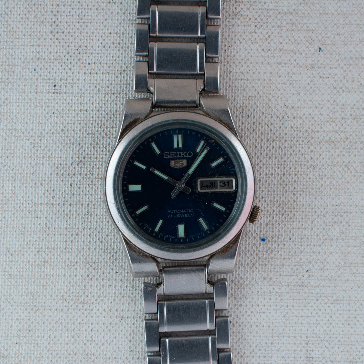 Vintage Seiko 5 4227-00C0 Automatic 21J Blue Dial Day Date Wristwatch