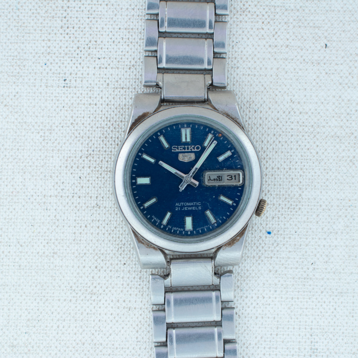 Vintage Seiko 5 4227-00C0 Automatic 21J Blue Dial Day Date Wristwatch
