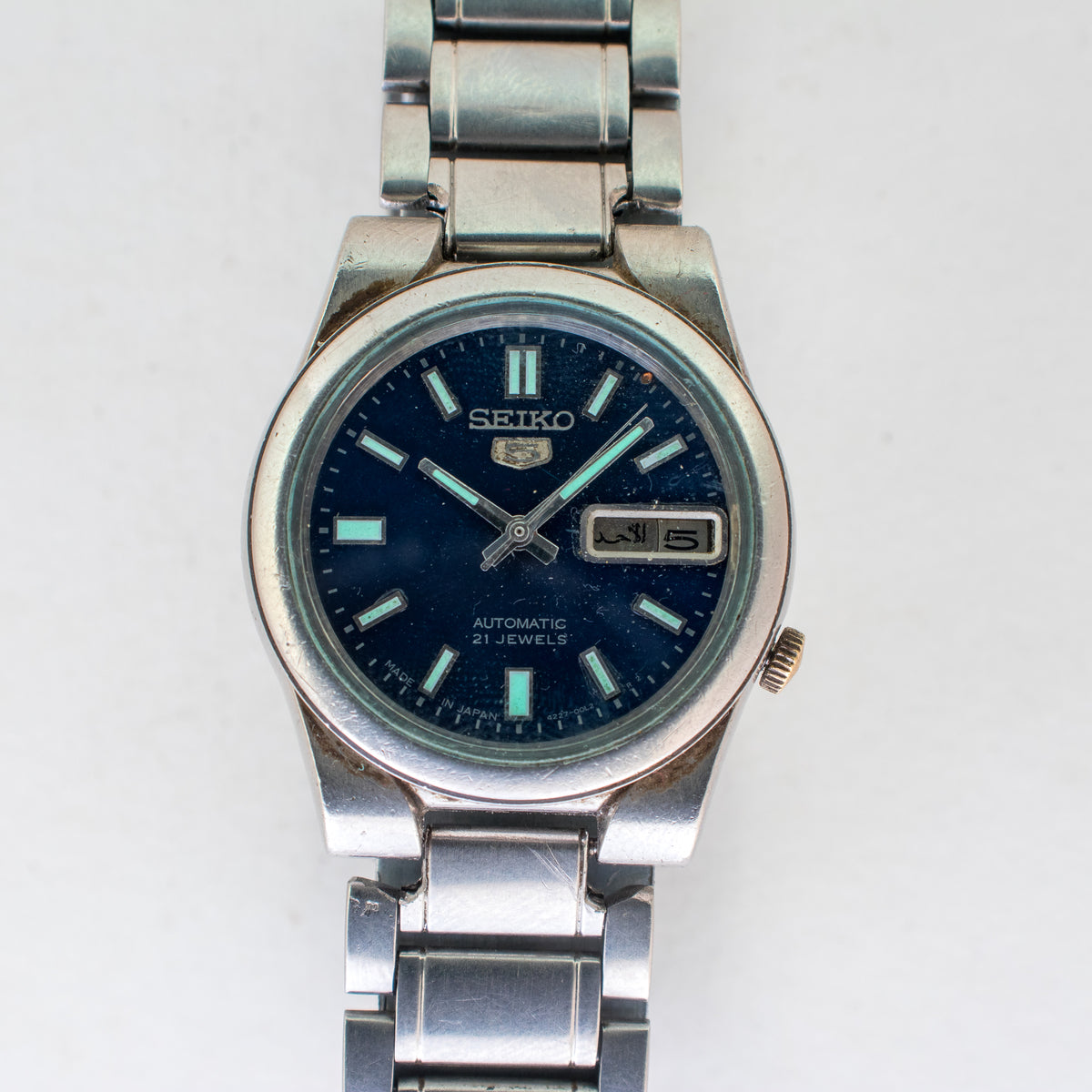 Vintage Seiko 5 4227-00C0 Automatic 21J Blue Dial Day Date Wristwatch