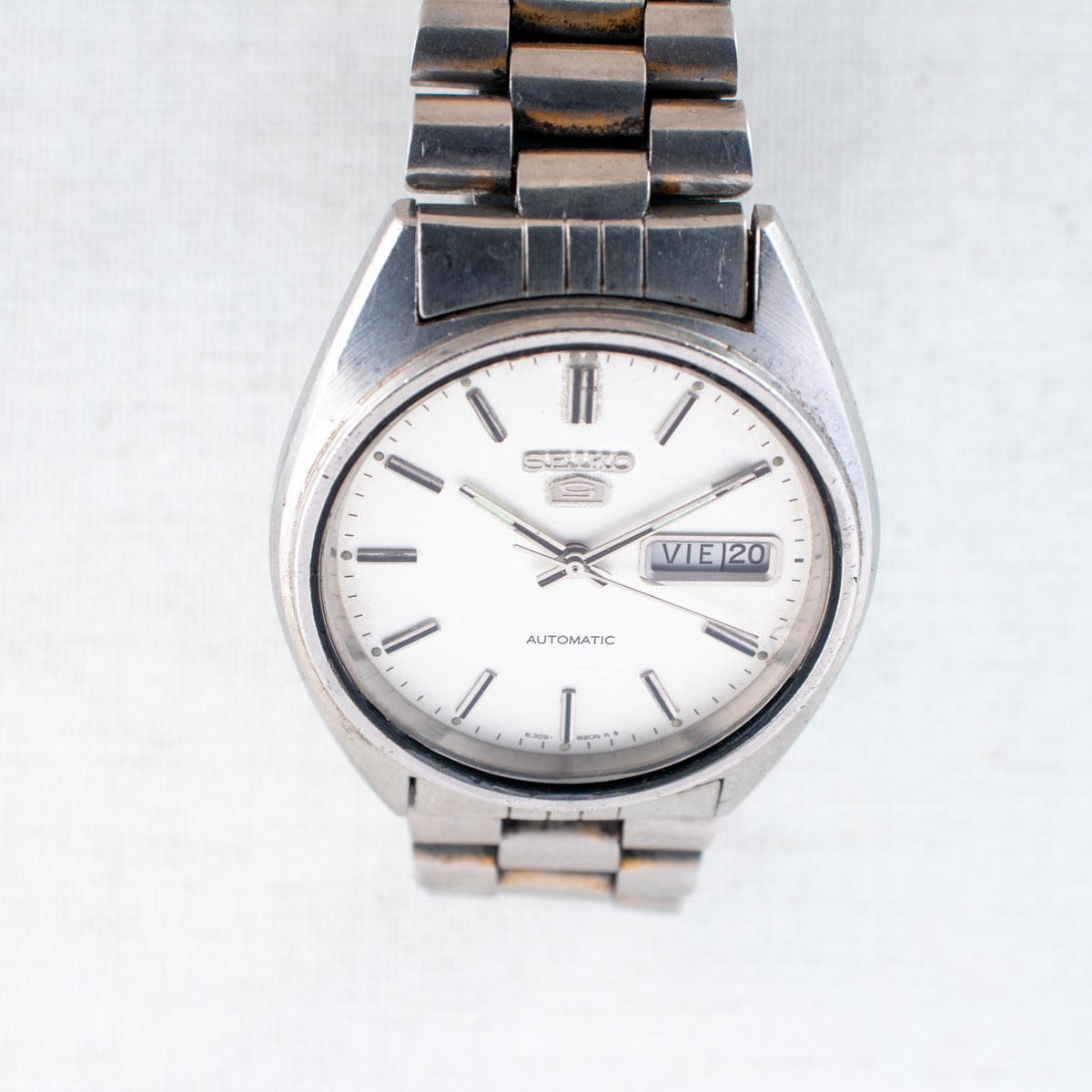 Vintage Seiko 5 6309-8840 Automatic 17J White Dial Day Date Wristwatch