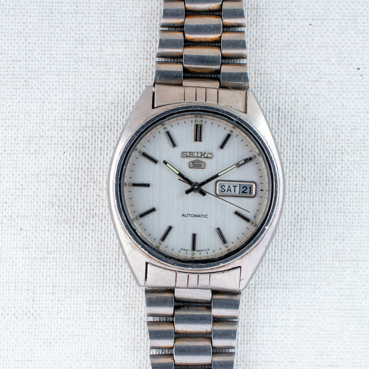 Vintage Seiko 5 6309-8840 Automatic 17J White Dial Day Date Wristwatch