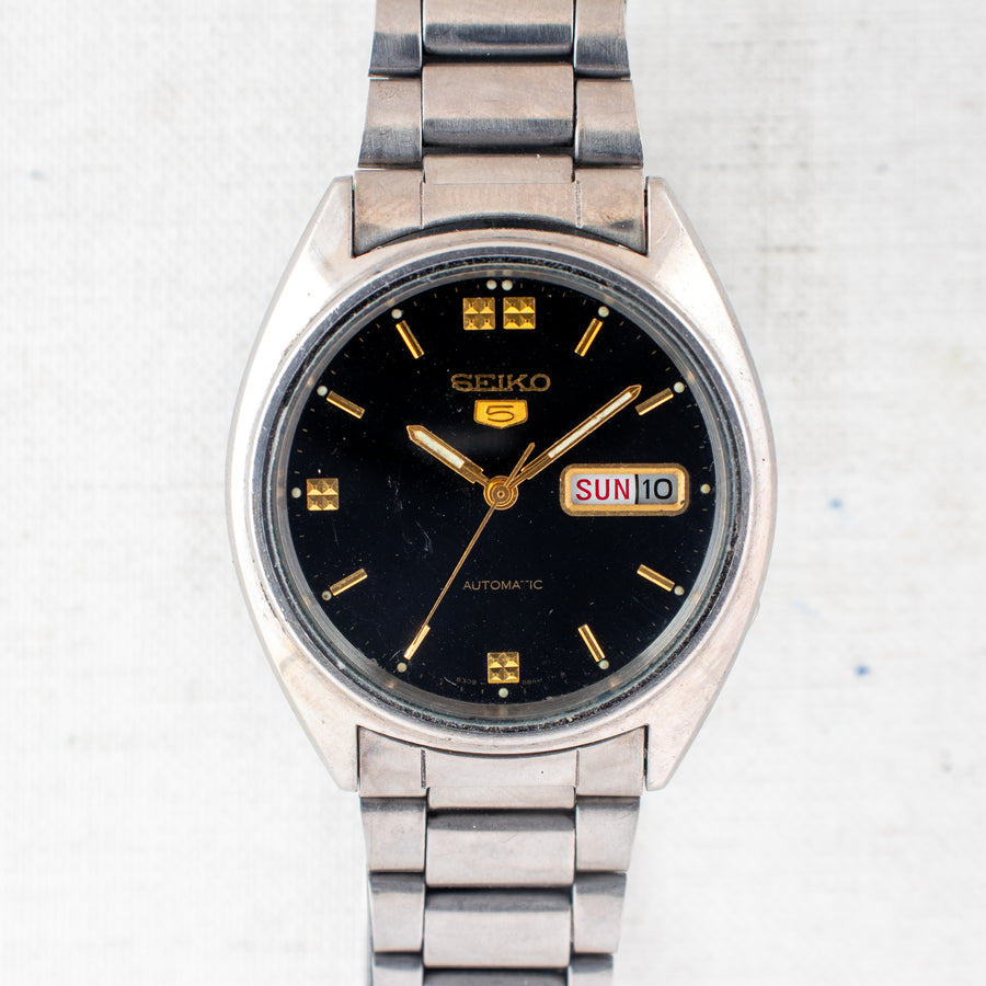 Vintage Seiko 5 6309-8840 Automatic 17J Black Dial Day Date Wristwatch