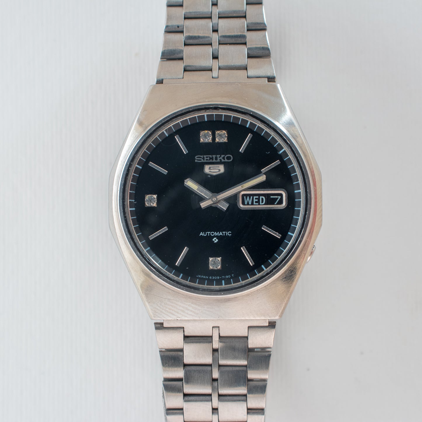 Vintage Seiko 5 Automatic Watch 6309-720C Black Dial Rhinestone Indices 17J