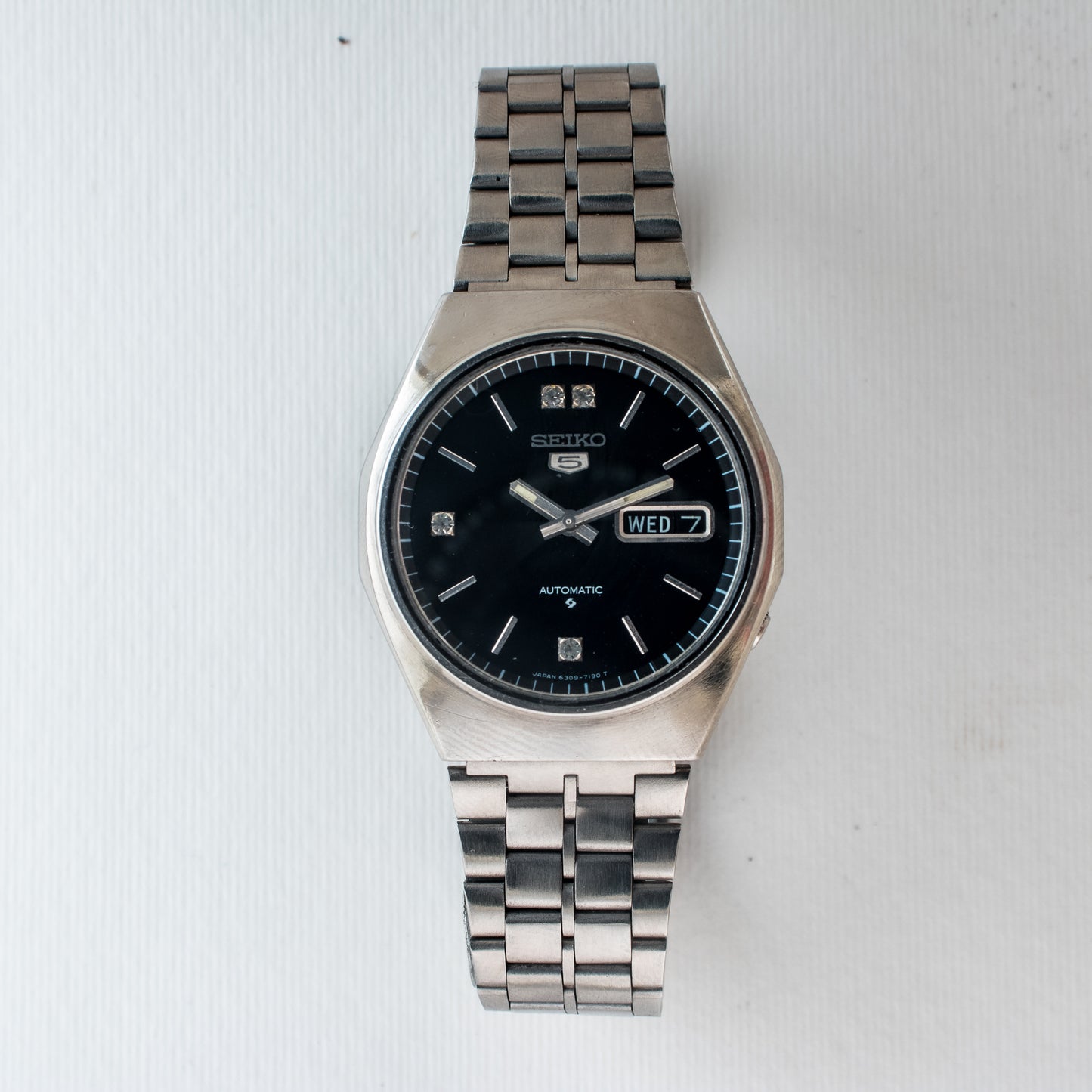 Vintage Seiko 5 Automatic Watch 6309-720C Black Dial Rhinestone Indices 17J
