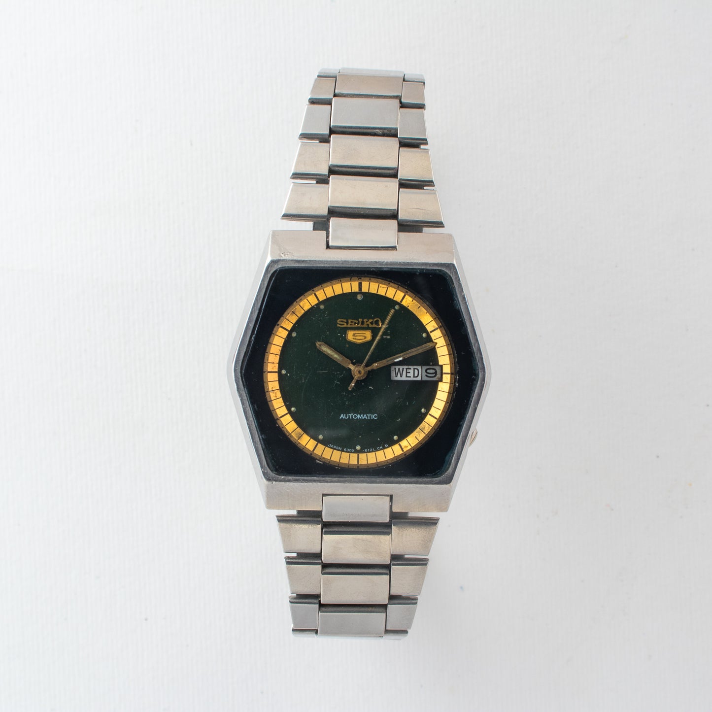 Vintage Seiko 5 Automatic Men's Watch 6309-610A Hexagonal Green Dial Arabic Day