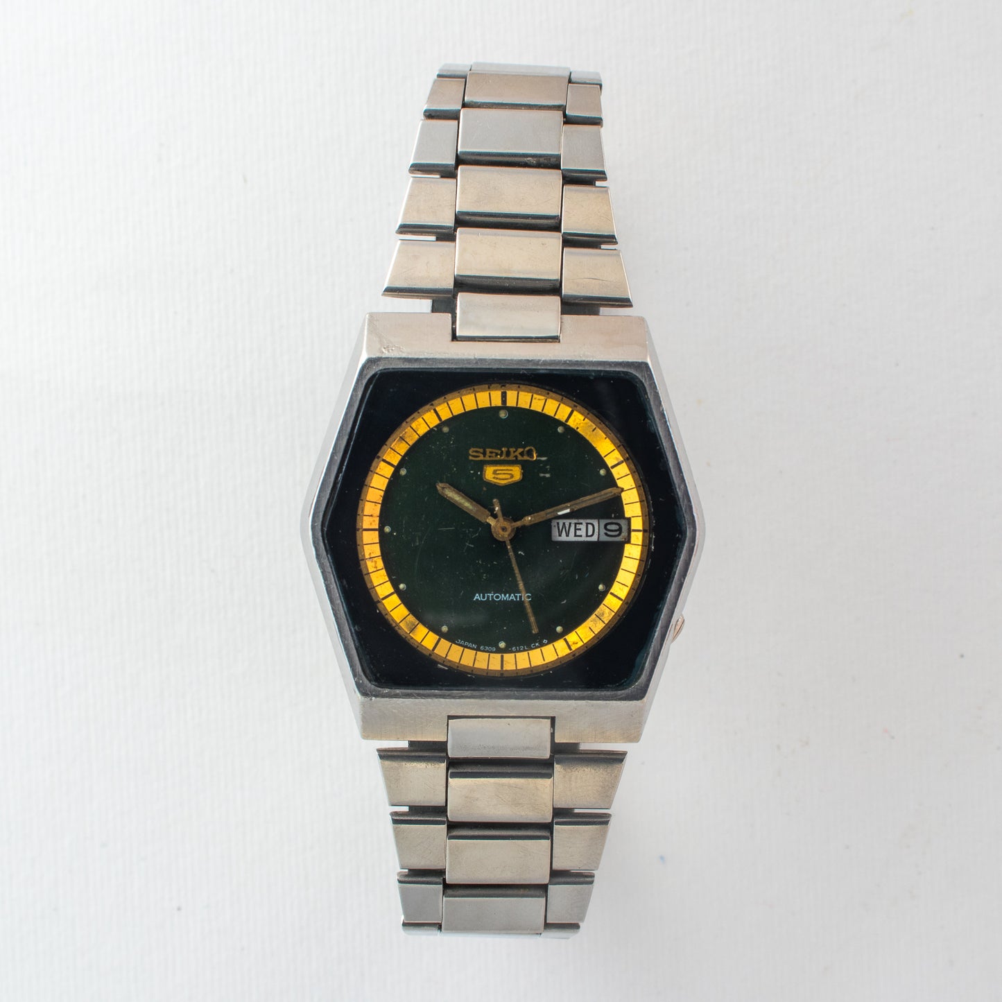Vintage Seiko 5 Automatic Men's Watch 6309-610A Hexagonal Green Dial Arabic Day