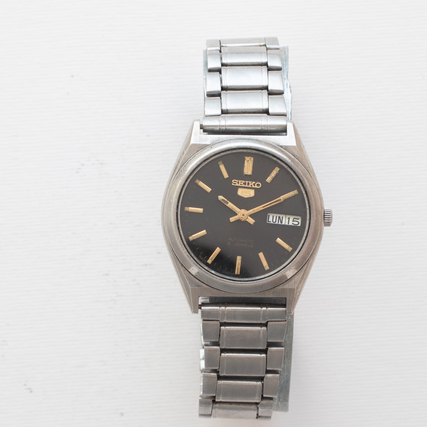 Authentic Vintage Seiko 5 Automatic Watch 7S26-0070 Black Dial Gold Accents Rare