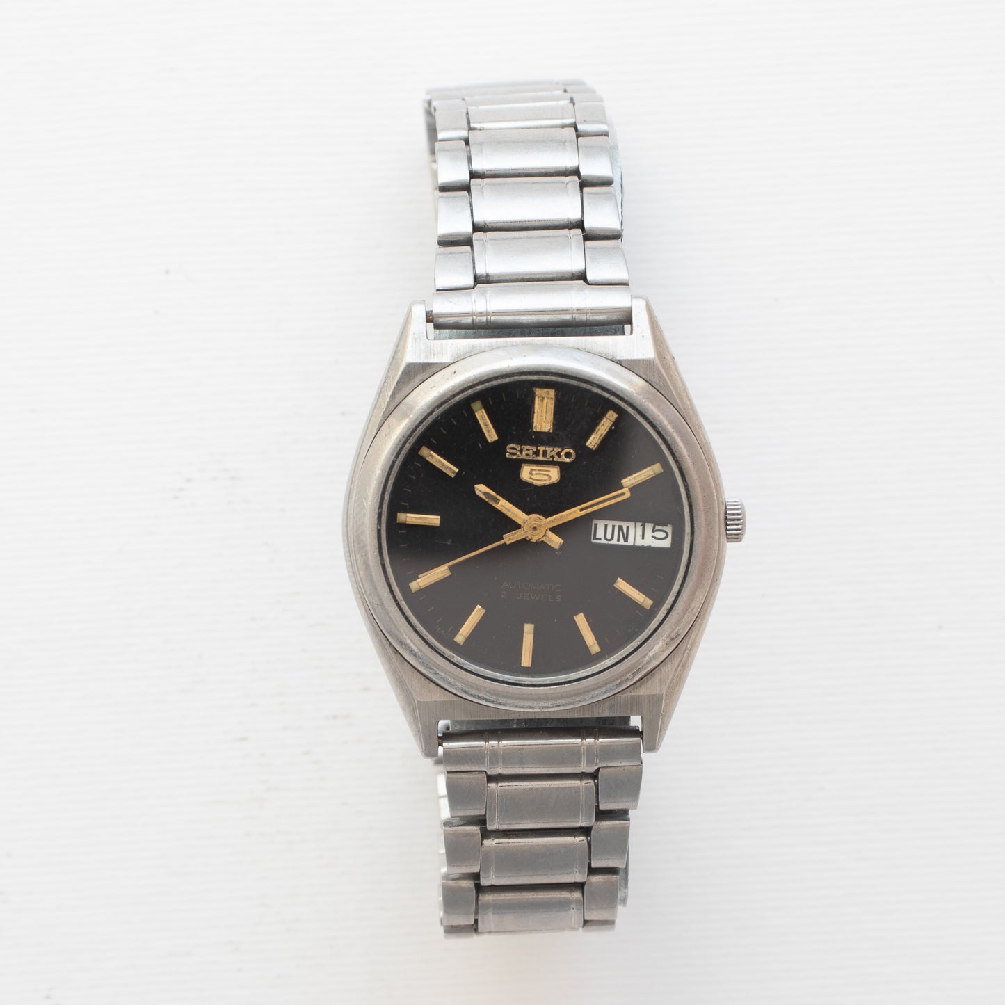 Authentic Vintage Seiko 5 Automatic Watch 7S26-0070 Black Dial Gold Accents Rare