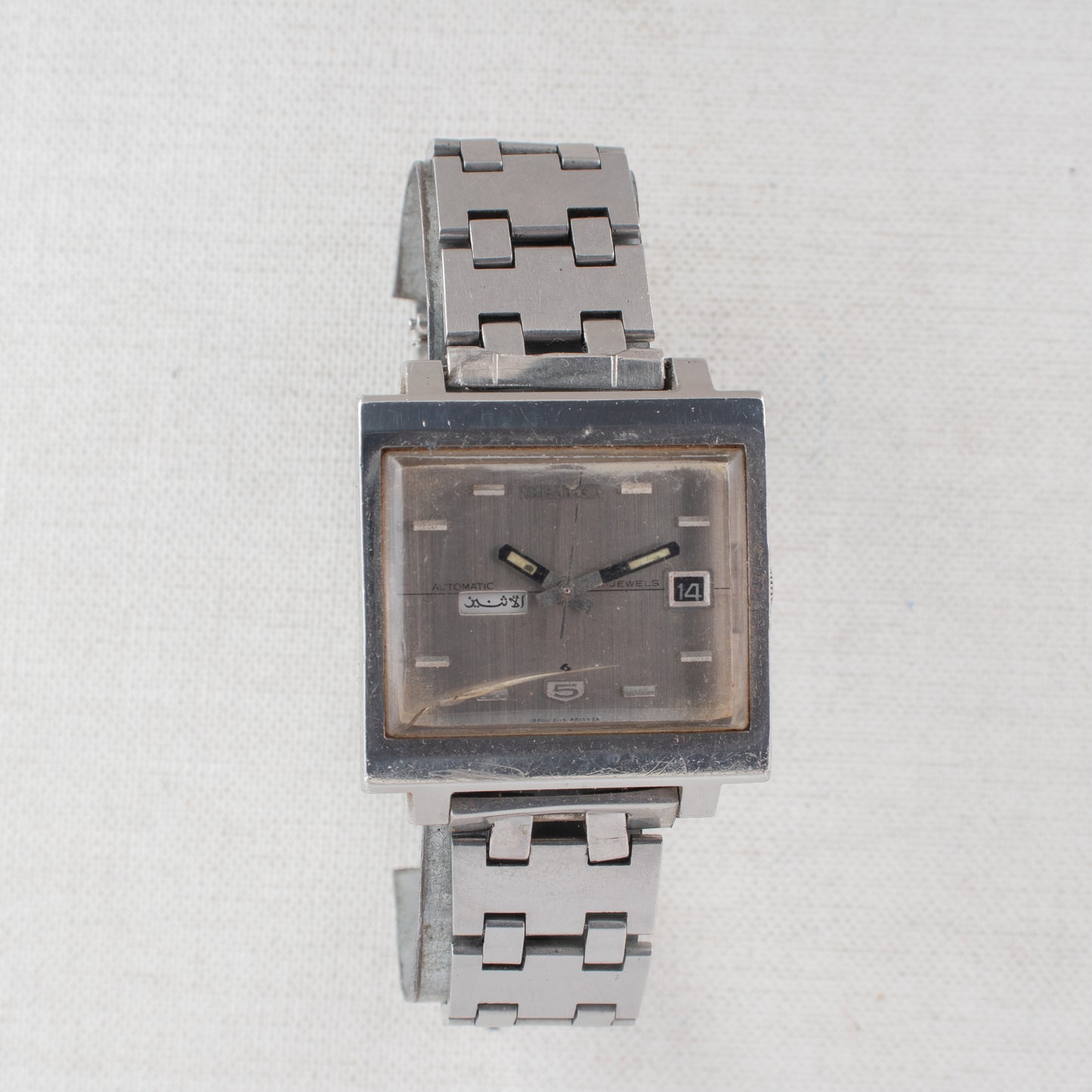 Rare Vintage Seiko 5 Auto 6119-5000 Arabic/English Day Silver Dial TV Case Watch